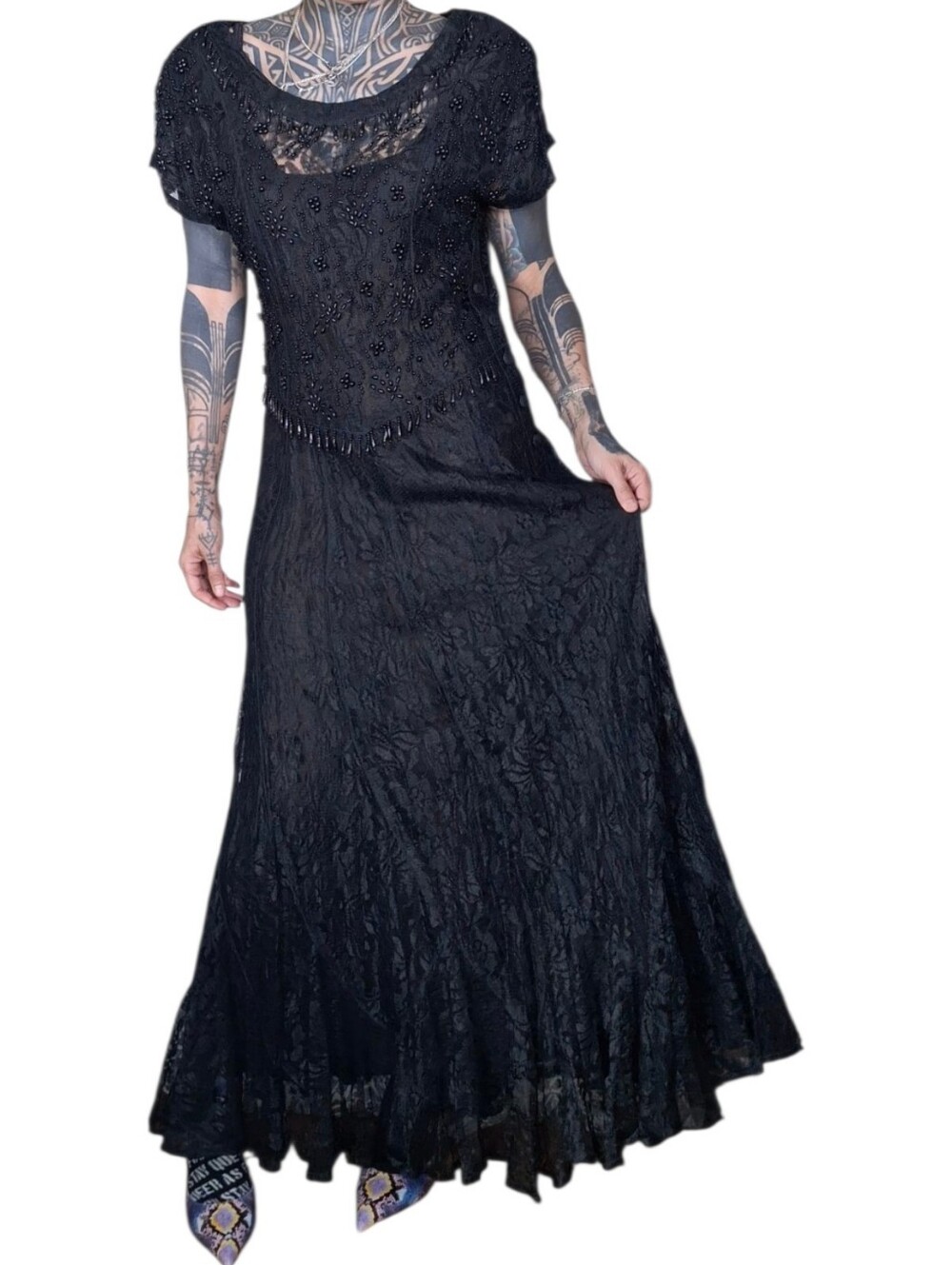 Vintage 90s Jasmine by KVM Lace Beaded Maxi Dress M Stevie Knicks Boho Witchy